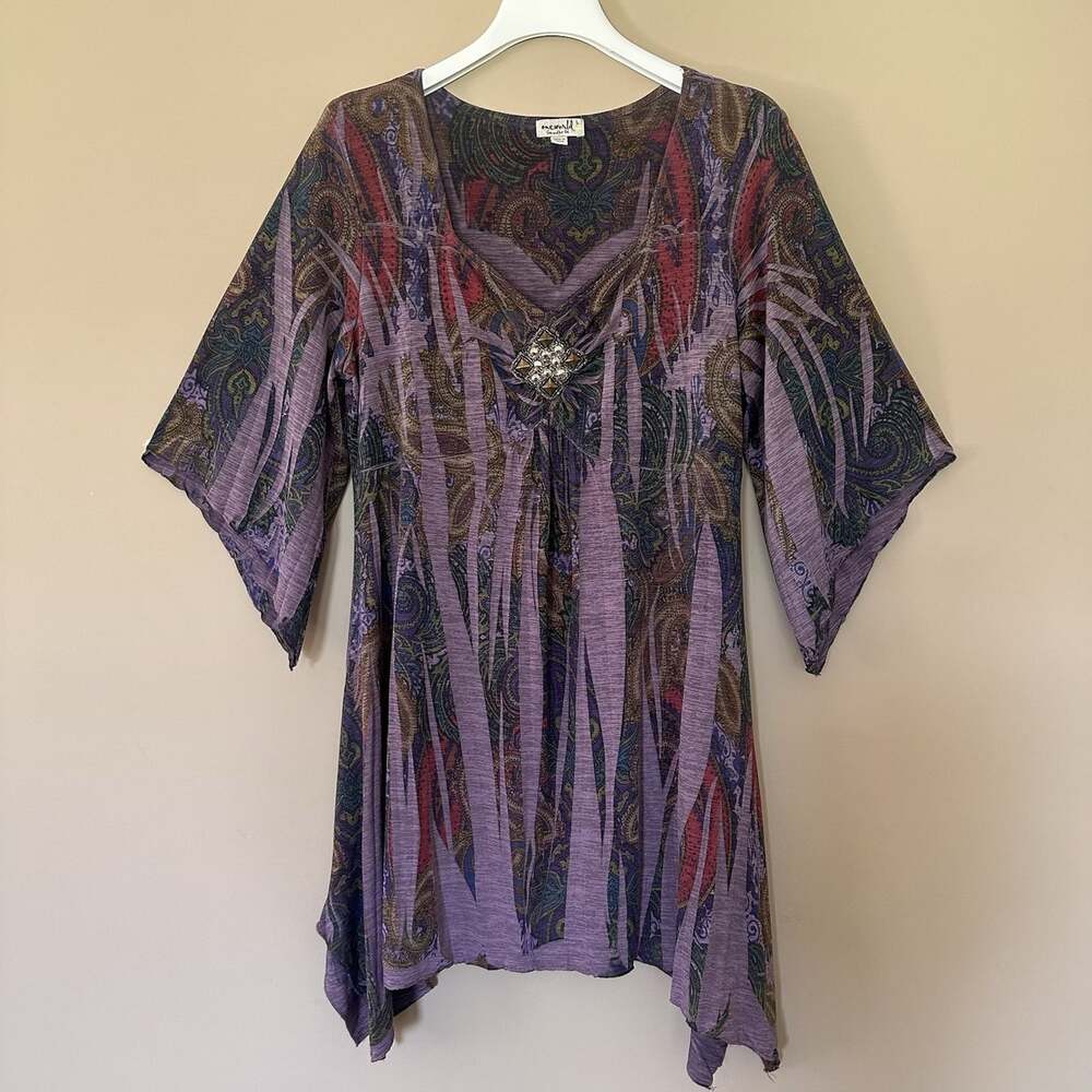 One World Purple Top L Fairy Grunge Bell Sleeve Babydoll Boho Eclectic Earthy